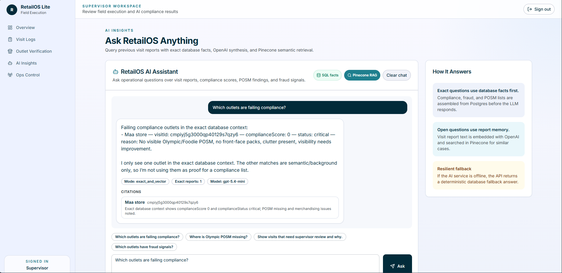 Supervisor AI insights page with chatbot interface and operational query answers